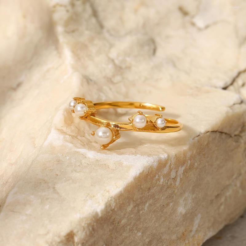 

Cluster Rings Uworld Fashion Jewelry 18K Gold Plated Pearl Finger Ring Geometric Tree Design Stainless Steel Water Proof For Girls