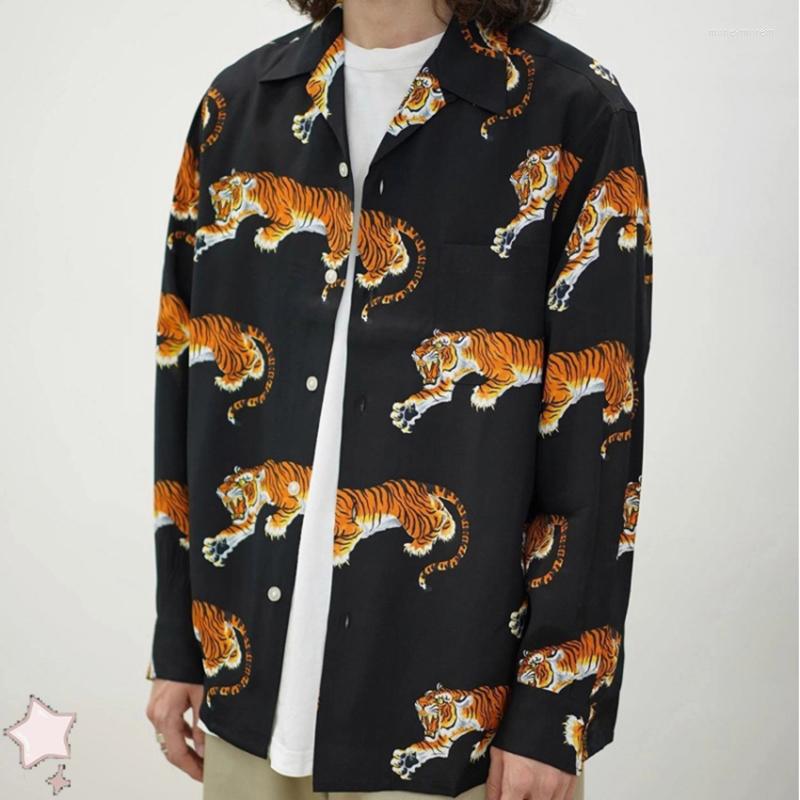 

Men' Casual Shirts WACKO MARIA Tiger Pattern Hawaiian Style High Quality Long Sleeve Shirt