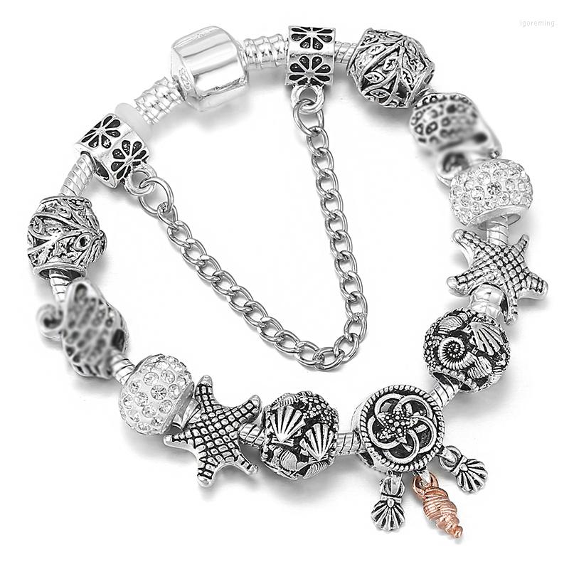 

Charm Bracelets Women Bracelet DIY Hollow Alloy Beaded Silver Plated For Ancient Color Preserving Jewelry