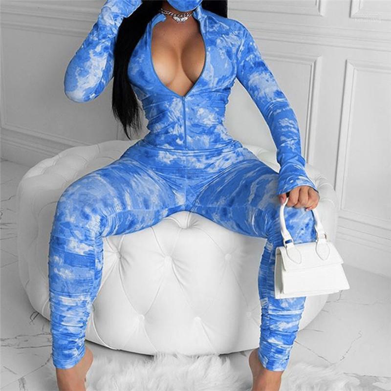 

Women's Jumpsuits Autumn Women Sexy Jumpsuit Long Sleeve Bodycon Tie Dyeing Print Sport Fitness Romper Playsuit Overalls For Women's &, Rose