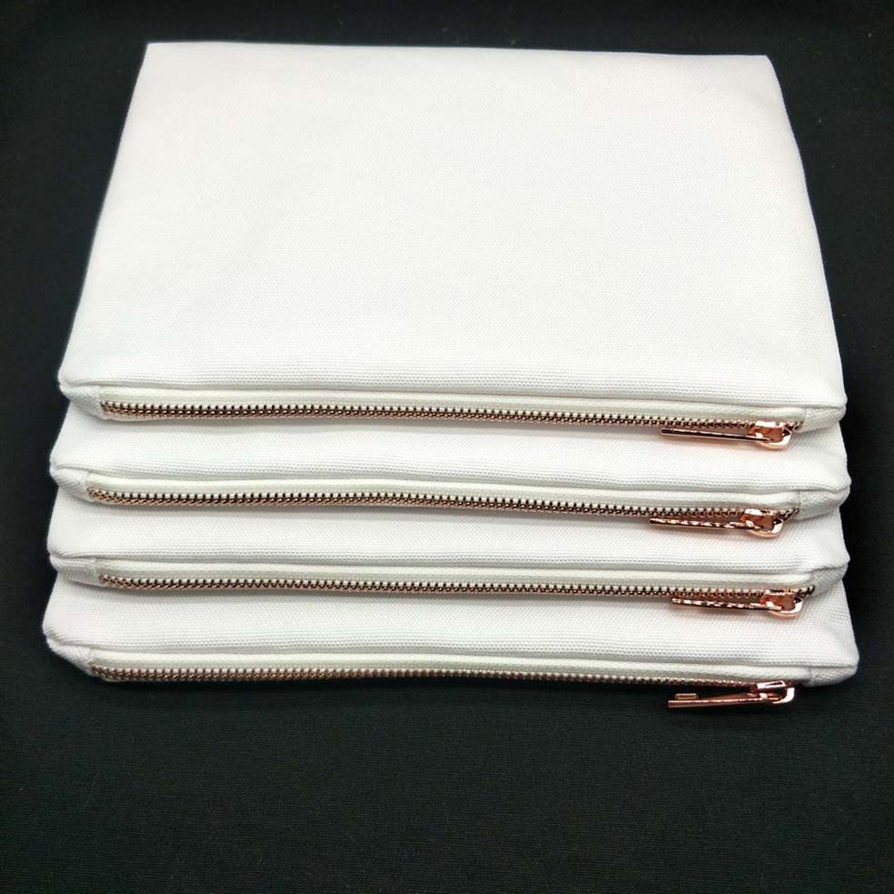 

50pcs lot 7x10in blank white 12oz thick 100%poly canvas makeup bag with rose gold metal zip for sublimation print blank cosmetic b209w