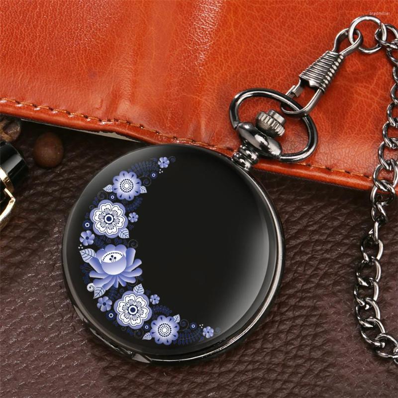 

Pocket Watches Watch Flowers Design Antique Black Pendant Clock Full Gifts For Men Women Support Custom