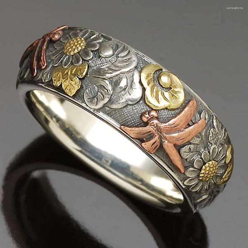 

Wedding Rings Vintage Carved Ring Women Personality Sunflower Dragonfly Antique Bridal Engagement Jewelry Anniversary Gift