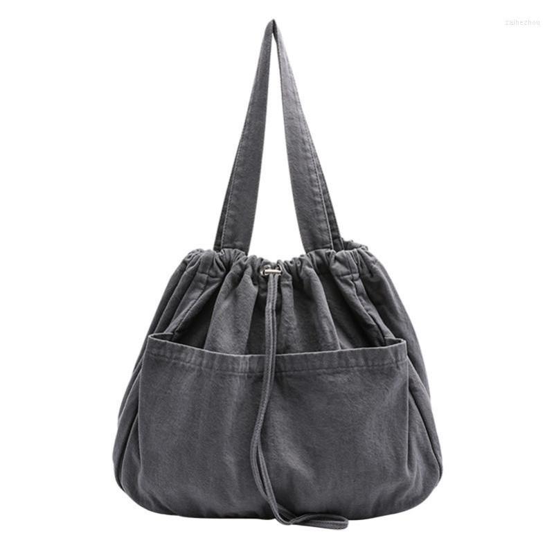 

Evening Bags Drawstring Bag Large Capacity Washed Canvas Women Literary Woman Shoulder Simple Solid Color Lightweight Cloth Pouch, Black