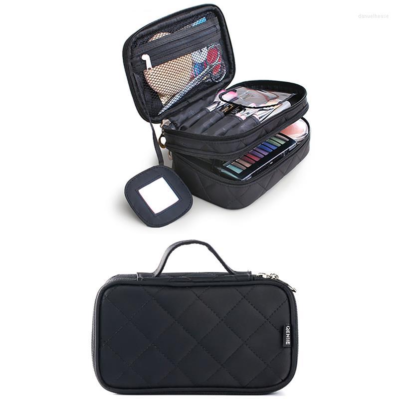 

Cosmetic Bags Fashion Compartment Organizer Bag Zipper Women Diamond Lattice Pattern Nylon Makeup Ladies Girls Handbag, Rose red