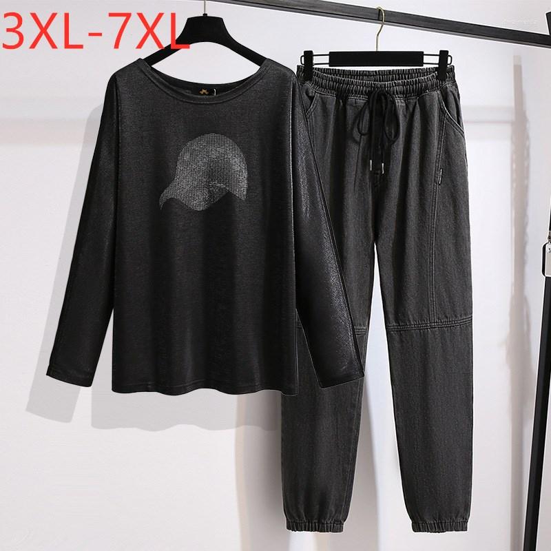 

Tracksuits 2022 Ladies Spring Autumn Women Plus Size Large Loose Black T-shirt And Jeans Two Piece Sets 7XL