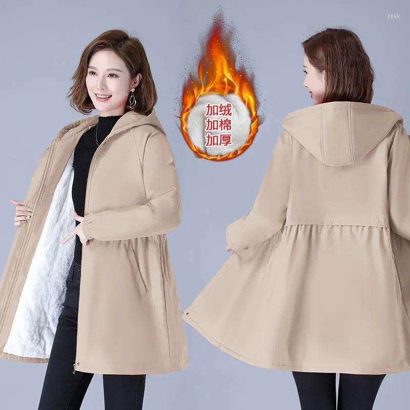 

Women's Trench Coats Plus Velvet Thick Padded Jackets 2022 Mid-Long Autumn Winter Casual Women Windbreaker Solid Female Tops, Red