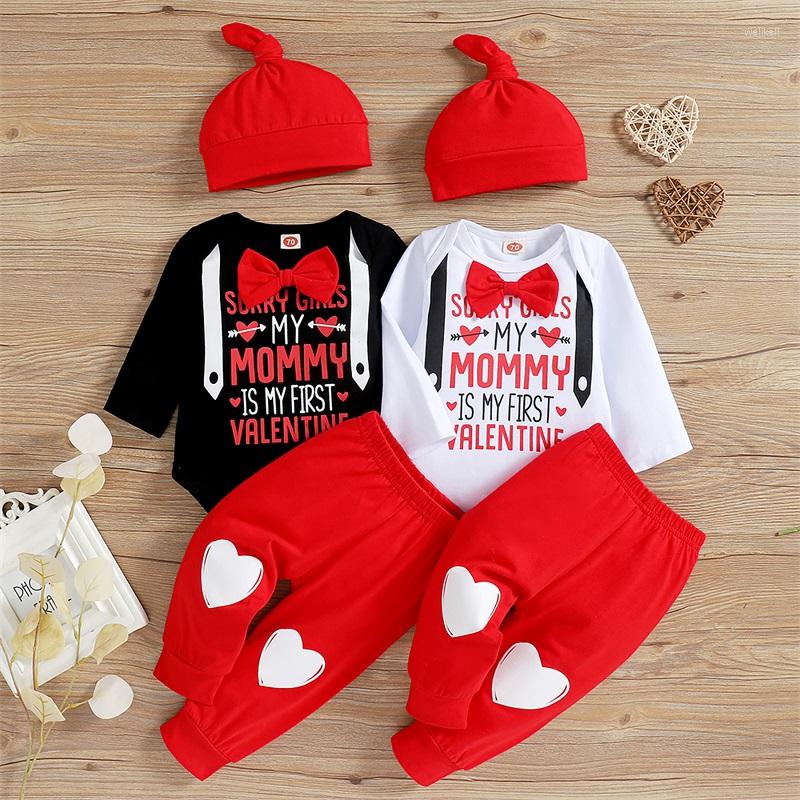 

Clothing Sets Valentine Baby Suit Set Letter Print Round Neck Long Sleeve Romper Heart Pants Hat For Boys 3-18 Months, White