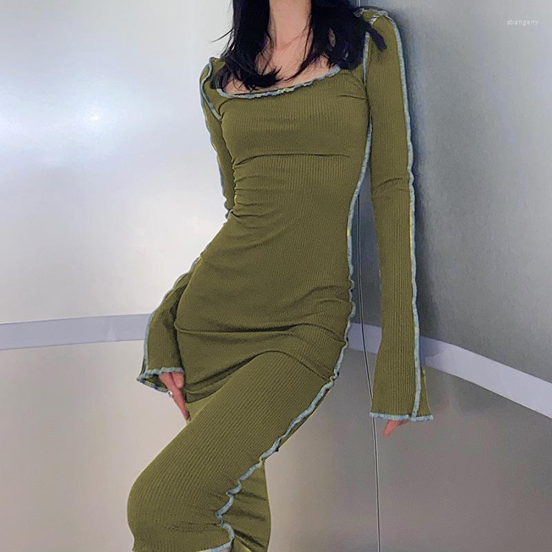 

Casual Dresses Women Autumn Sheath Dress Stitching Square Neck Long Sleeves Knitted Tight Ladies Elegant, Green