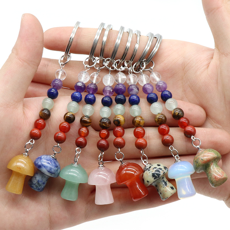 

Mushroom Shape Stone Key Rings 7 Colors Chakra Beads Chains Charms Keychains Healing Crystal Keyrings for Women Men