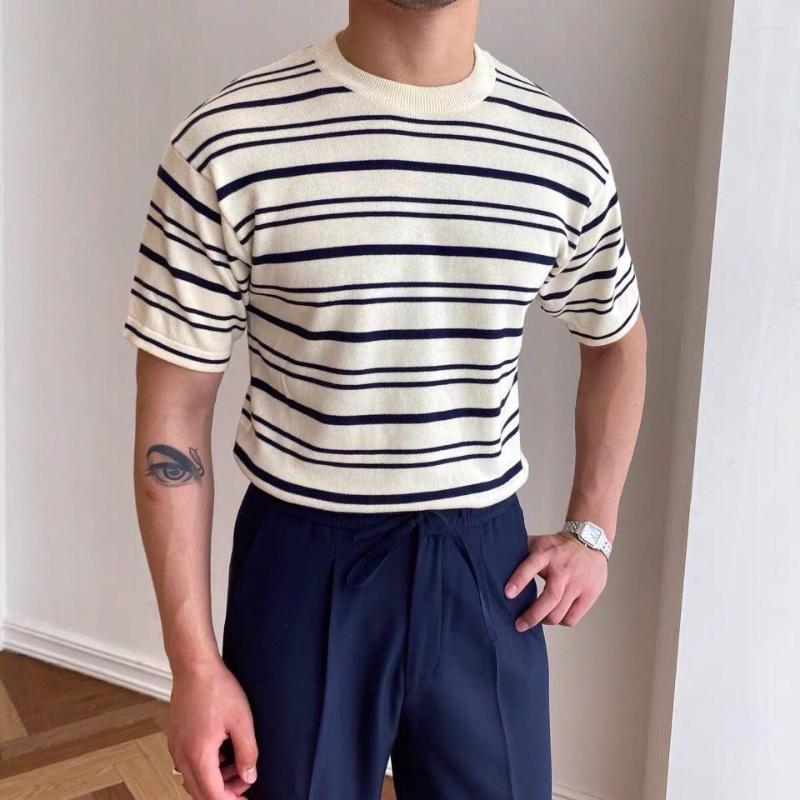 

Men's T Shirts 2022 Summer O-neck Shirt Basic Tops Short Sleeve Men Casual Comfortable Contrast Color Striped Knit Tee Homme A113, Apricot