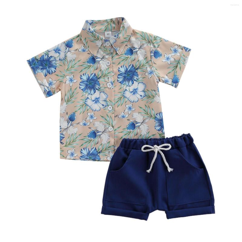 

Clothing Sets Boys Casual Two-piece Clothes Set Floral Printed Pattern Short Sleeve Shirt And Royal Blue Shorts, Picture shown