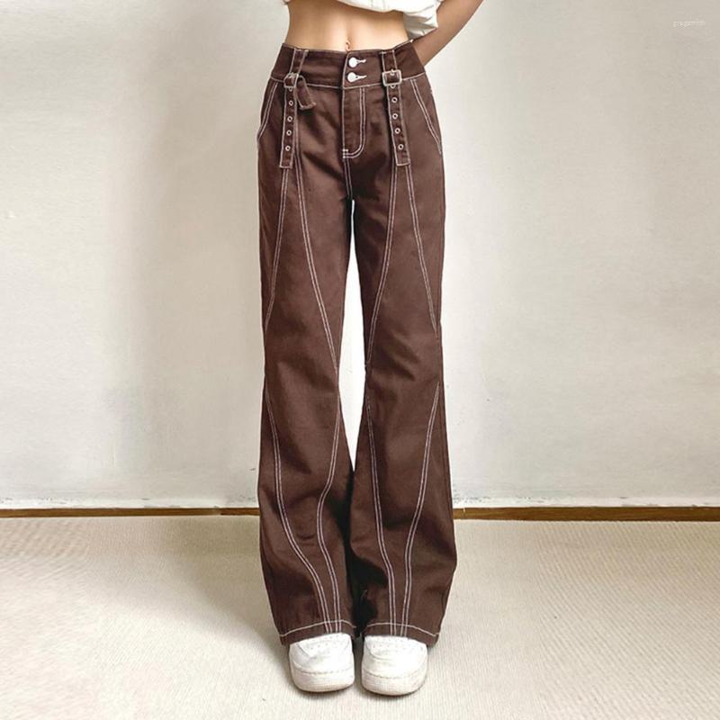 

Women' Pants Metal Buckle Washable Straight Floor Length Women Denim Overalls Female Clothes, Brown