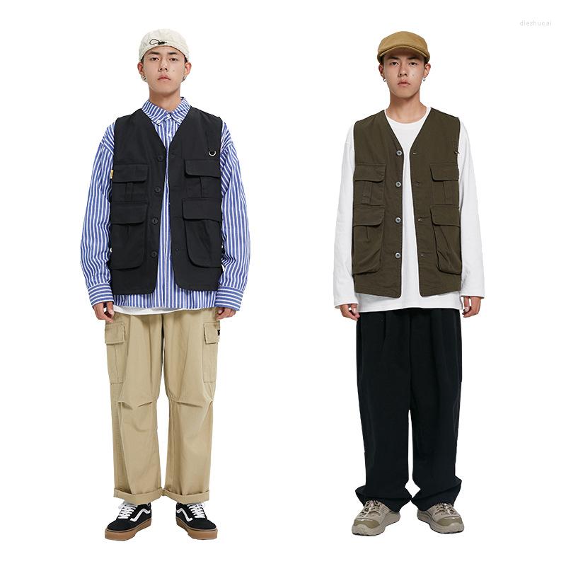 

Men's Vests Men V-neck Sleeveless Single Breasted Thin Safari Style Pockets Retro Intage Loose Hip Hop Chic Ulzzang Handsome Fashion, Green m02