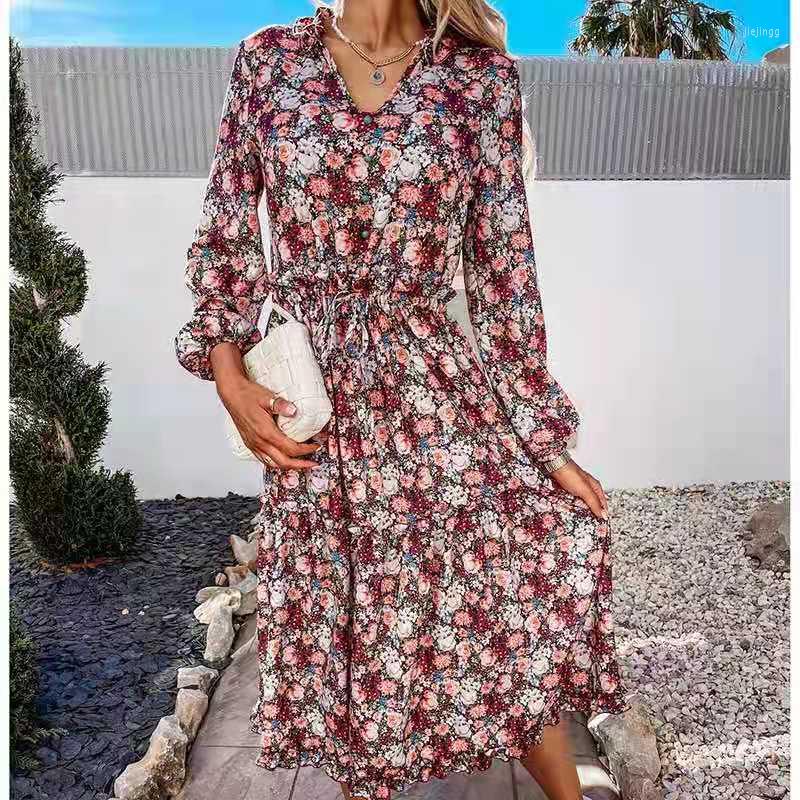 

Casual Dresses Spring Long Sleeve Lace-up Party Dress Vintage Fashion Floral Print Summer V Neck Ruffle Elegant Ladies 2022, Red