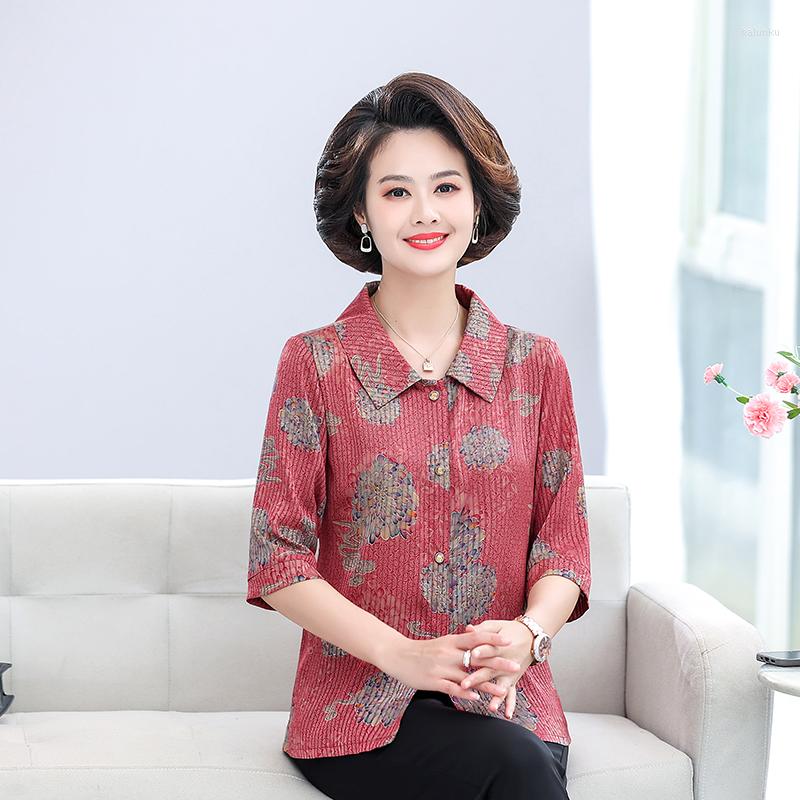 

Women's Blouses Fashion Crepe Silk Striped Women Shirt 2022 Spring Autumn Office Lady Casual Lapel Half Sleeve Button Blouse Female, Green