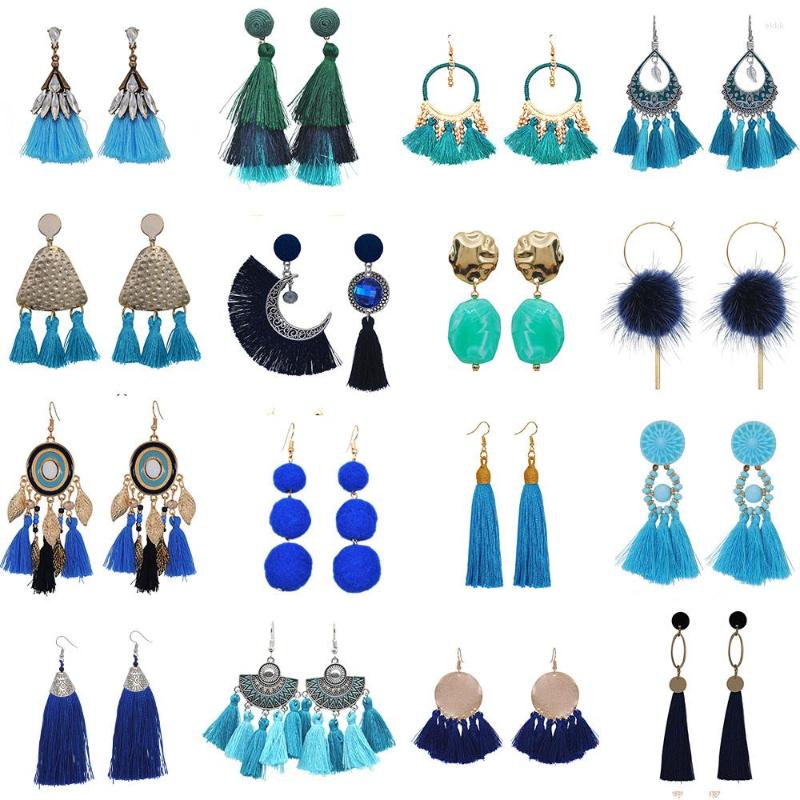 

Dangle Earrings Women Trendy Blue Handmade Fringe Feathers Drop Navy Royal Sky Mint Green Femme Jewelry