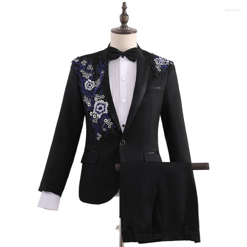 

Men' Suits Blazer Men Singer Stage Latest Coat Pant Designs Marriage Suit Costume Embroidery Banquet Wedding For Men, Black