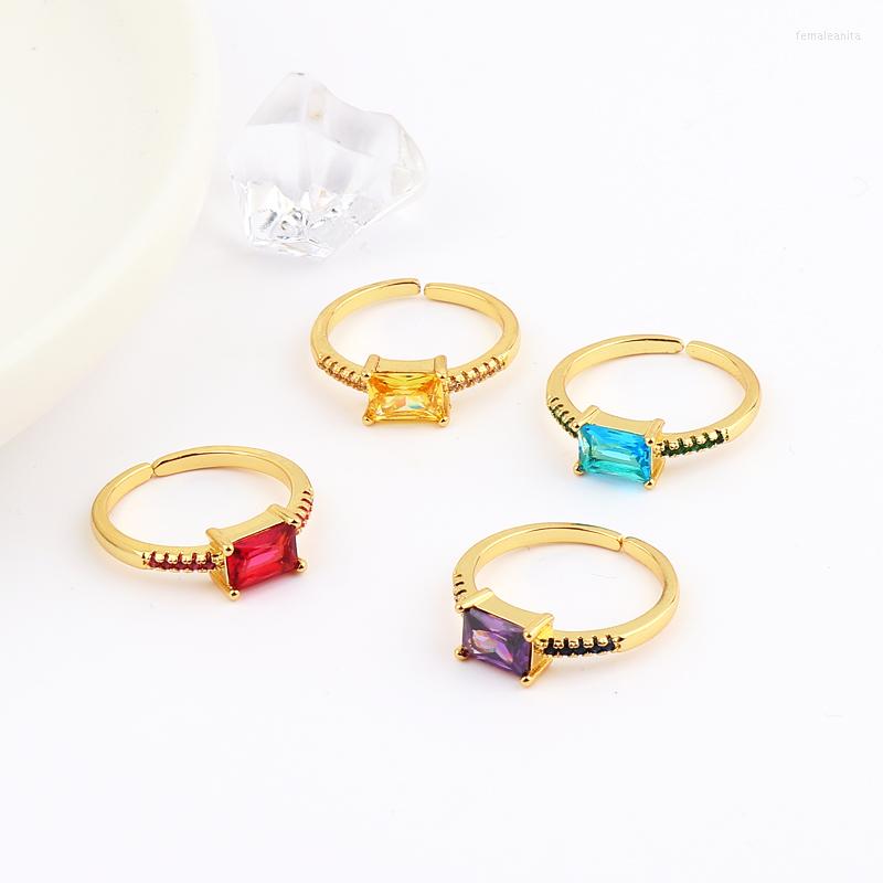 

Wedding Rings Girl Ring Wholesale Gold Plated Band Thin Woman Colorful Stone Stamp Design Classic Rainbow CZ For Women