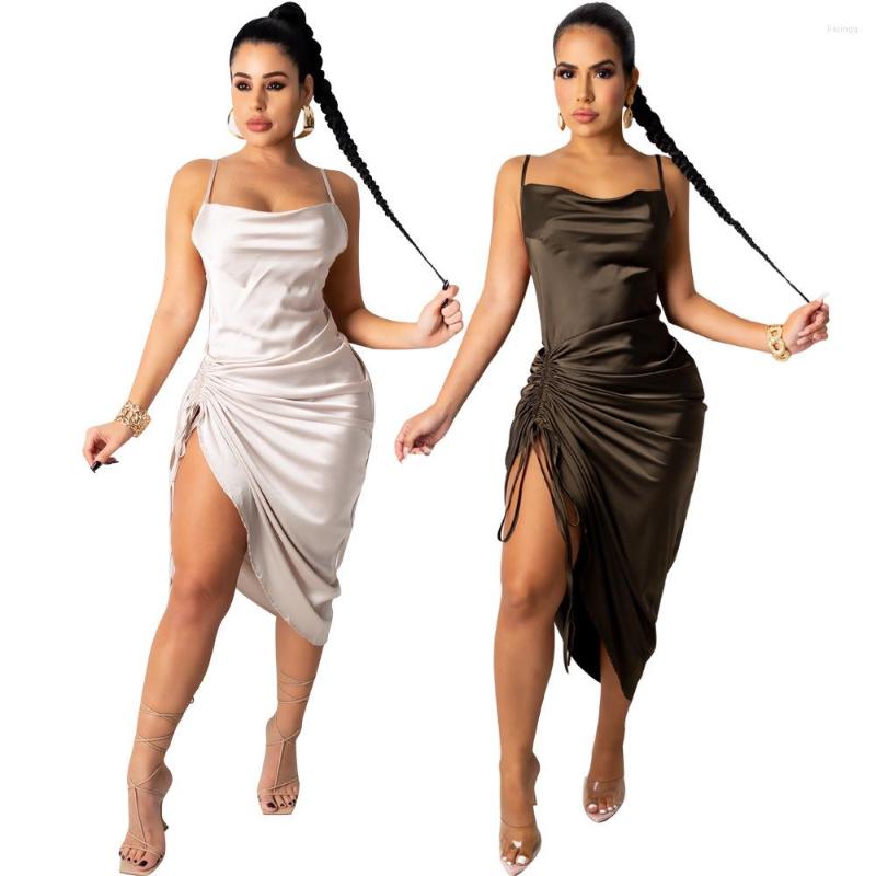 

Casual Dresses White Coffee Ruched Drawstring Celebrity Dress Women Spaghetti Strap Side High Split Party Sexy Female Backless Midi