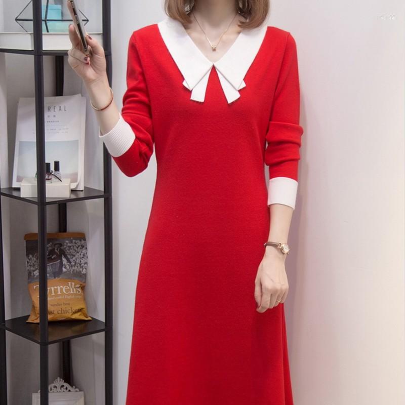 

Casual Dresses Women Autumn Winter Dress 2022 Patchwork Bow Knitted A-line Sexy Sweet Long Sleeve Vestidos Elegantes Para Mujer, Black