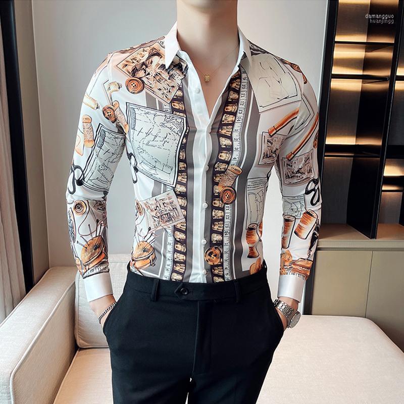 

Men's Casual Shirts Men's High-end Printing Shirt Men Luxury Slim Fit Prom Nightclub Chemise Homme M-4XL Long Sleeve Silk Korean Mens, Black