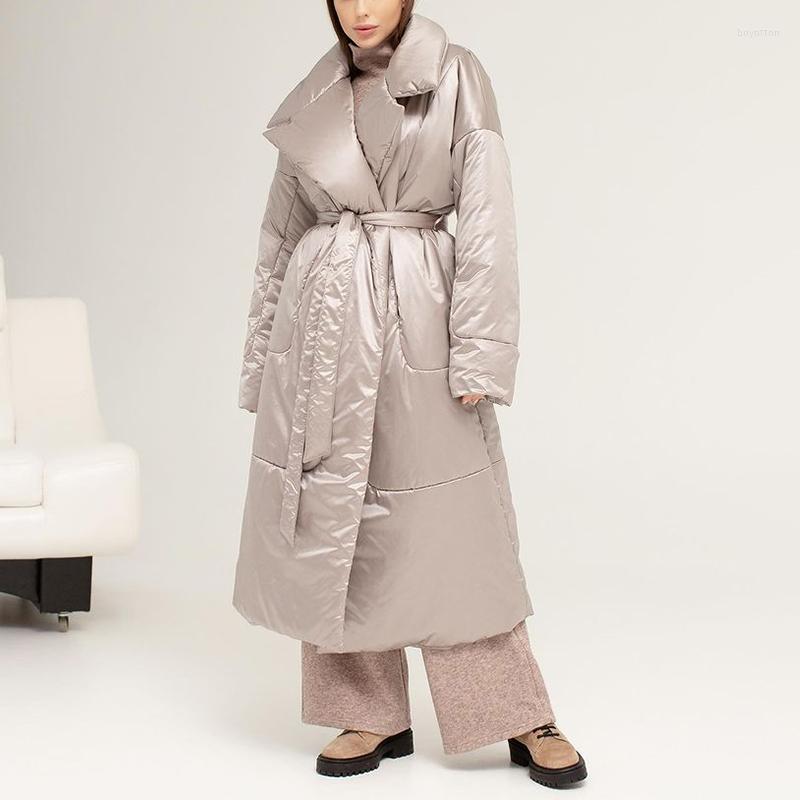 

Women's Down RR Winter Loose Notched Parkas Women Fashion Solid Tie Belt Coats Elegant Pockets Casual Long Cotton Jackets Female Ladies, Black