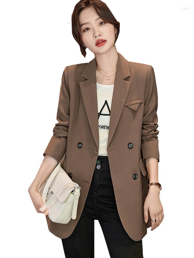 

Women' Suits Autumn Winter Women Coffee Casual Blazer Coat Female Long Sleeve Double Breasted Solid Straight Ladies Jacket, Coffee blazer