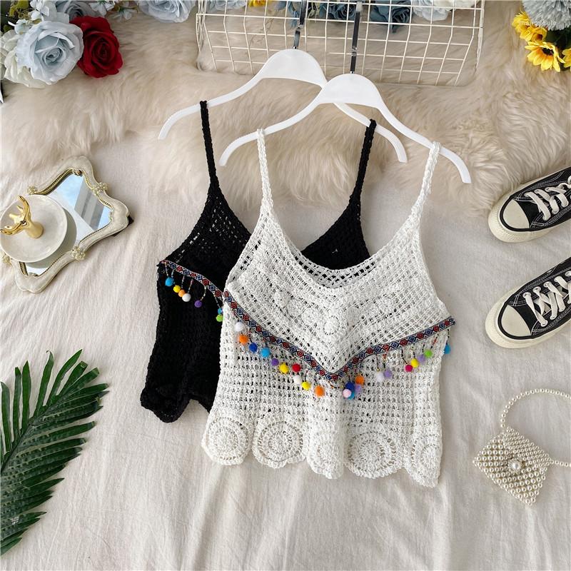 

Women's Tanks 2022 Summer Bohemian Ethnic Style Hollow Knit Rainbow Tassel Color Ball Camisole Top Coat Small Shirt Women, Beige