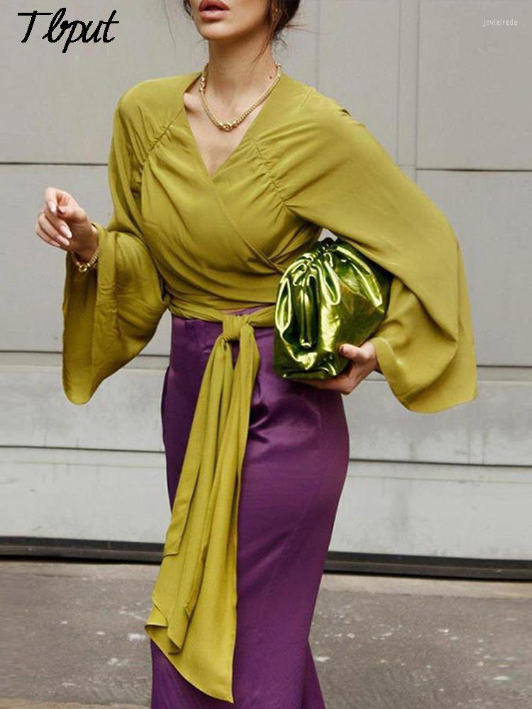 

Women's Blouses Women Satin Silk Off Shoulder V-Neck Bandage Bowknot Shirts 2022 Sexy Crop Top Lantern Sleeve Green Female Summer Tops