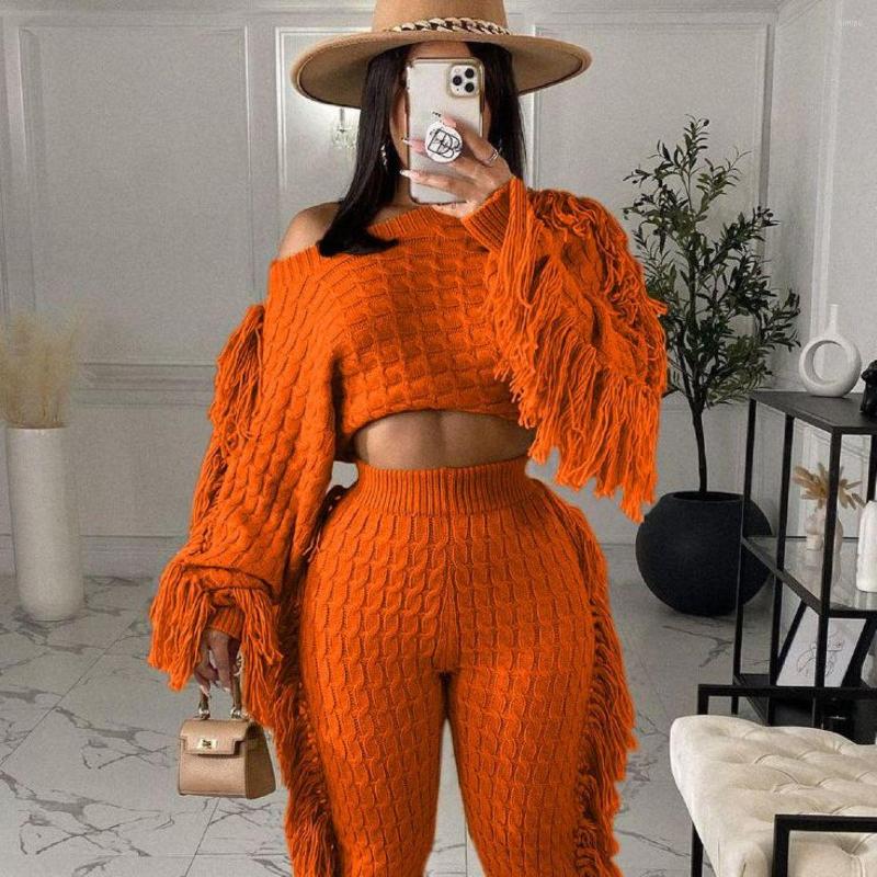 

Women' Two Piece Pants MUDAN Woman Tassel Sweater Set Solid Long Sleeve Crop Top Fashion Autumn Winter Suits Tracksuit Outfit, Black