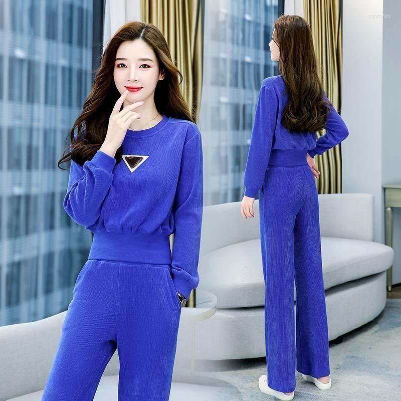 

Women's Two Piece Pants Women's Woman Casual Pleated Tracksuits Female Sets Loose High Waist Wide Leg Suit Ladies Elegant Office, Blue