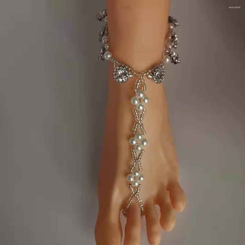 

Anklets 1pcs Bohemia Imitation Pearl Beaded Elasticity Toe Ring Fine Crystal Flower Bridal Ankle Anklet Women Beach Foot Jewelry
