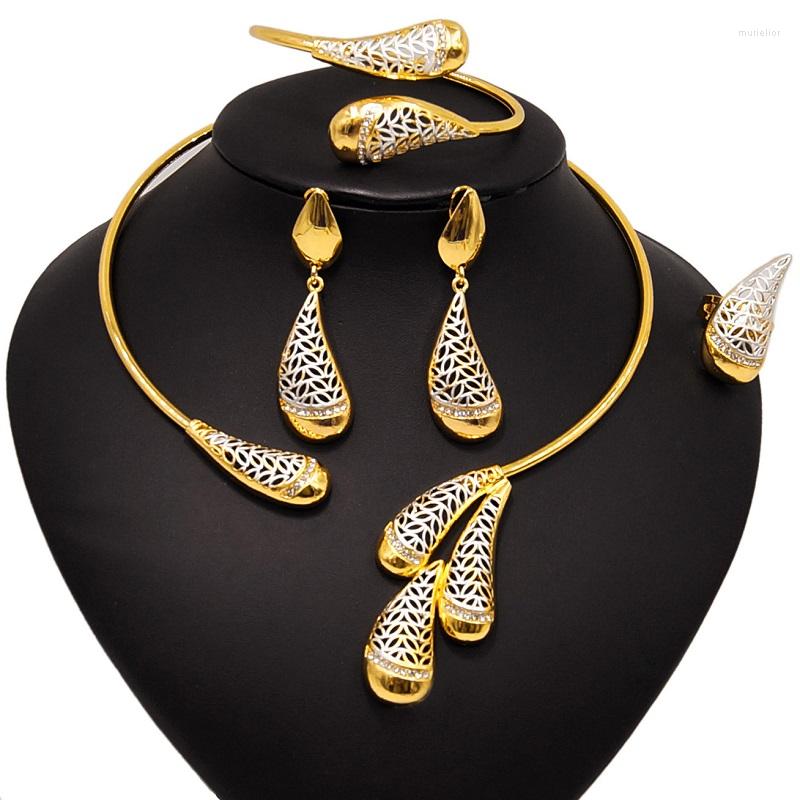 

Necklace Earrings Set Yulaili Dubai Gold For Women Elegant Choker Drop Bracelet Ring Party Wedding Engagement Jewelery, Picture shown