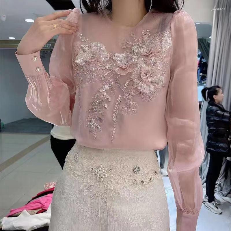 

Women's Blouses Spring Fall Women Sweet Ladies Embroidery Sequined Appliques Flower Top Blouse Woman Fashion Luxury Full Sleeve Tops, Purple