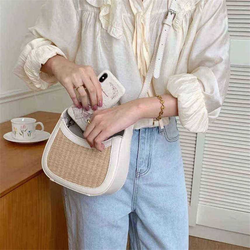 

Handbags Outlet Heat leather hand-held sling single shoulder leisure diagonal straw woven women's bag, White