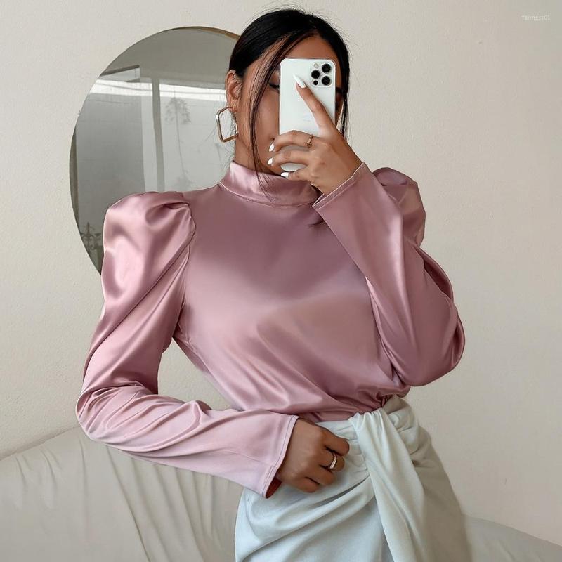 

Women's Blouses 2022 Spring Autumn Elegant Satin Women's Blouse Casual Puff Long Sleeve Top Fashion Chic Solid Shirt Turtleneck Pullover, Pink