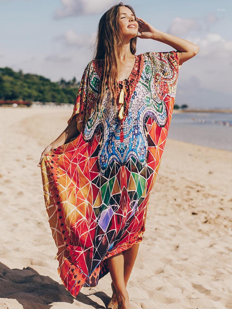 

Women's Swimwear Women's Bikini Cover Ups For Women Printed Kaftans Maxi Beach Dresses And Tunics Short Sleeve Swimsuit Pareo