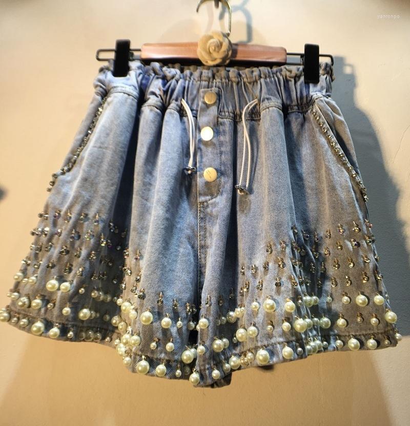 

Women's Shorts Women's European Summer Heavy Industry Diamond Beaded High Waist Thin Wide Leg Denim Women Fashion Streetwear, Blue