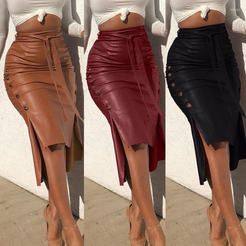 

Skirts 2022 Autumn Winter Leather Skirt For Women Slim Mid-length PU 710#, Black