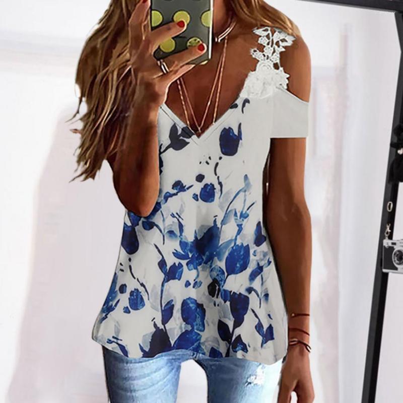 

Women's Blouses Summer Blouse V-Neck Short Sleeve Gradient Color Women T-shirt Embroidered Lace Straps Cold Shoulder Tee Top Female Clothing, Blue