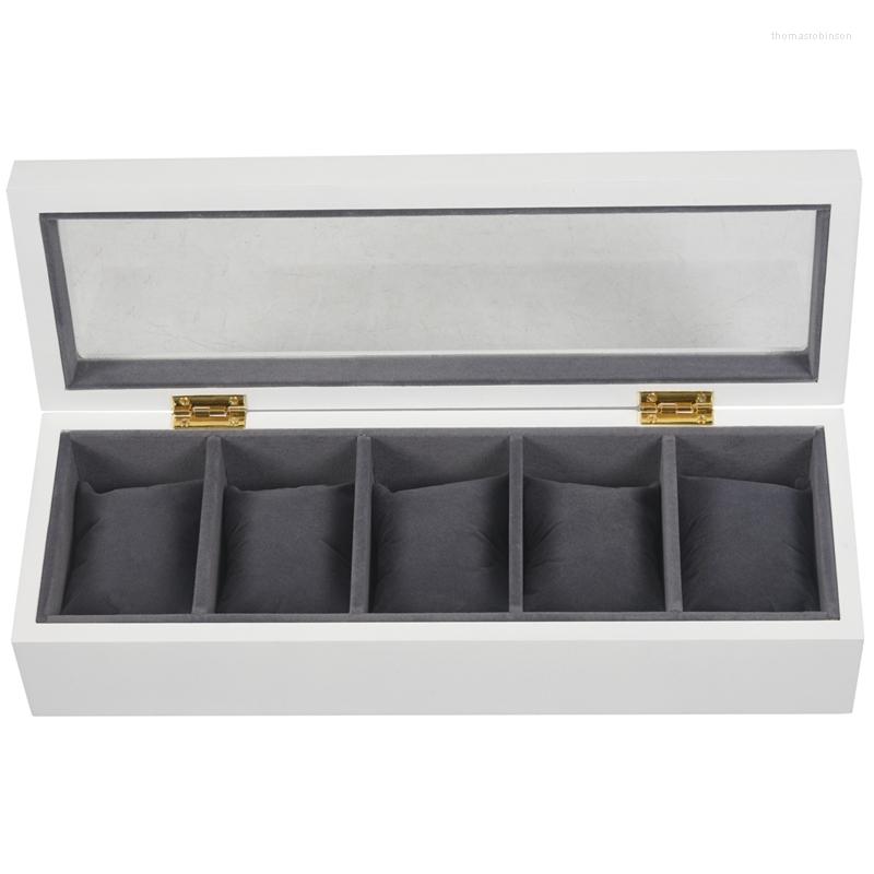

Watch Boxes White Wooden 5 Slot Box Black Flannel Small Pillow Pad Display Storage