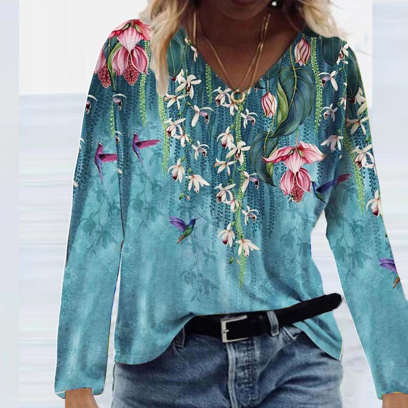 

Women' T Shirts Women' T-Shirt Autumn Casual Tee Long Sleeve Women T-shirts Flower Print Street Tops Female V-neck Loose Top Pullover, Blue