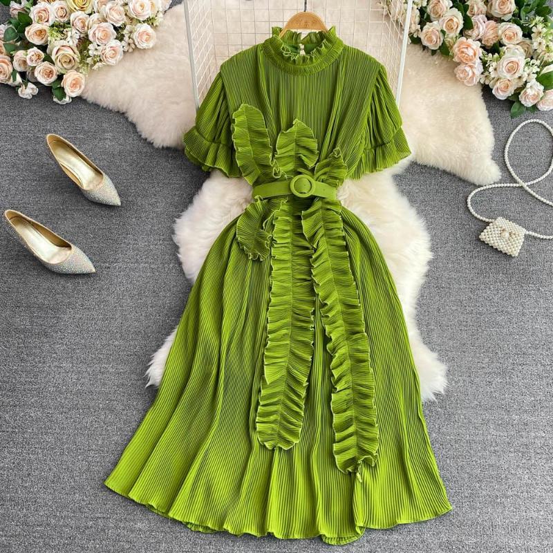 

Casual Dresses Summer Women Ruffle Midi Dress Short Sleeve Solid Plain Beach Wear Pleated Outfits, Black