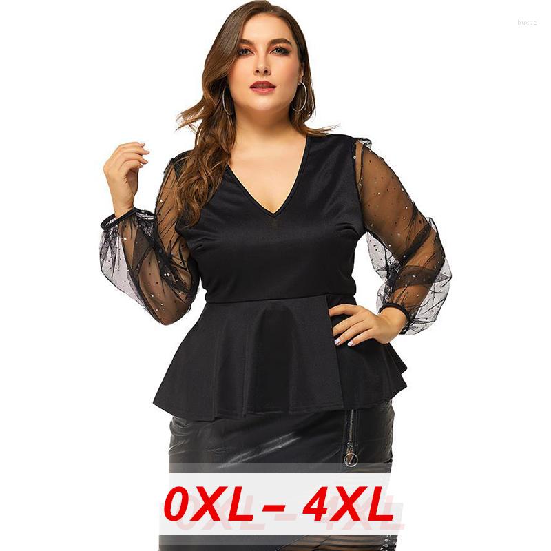 

Women's Blouses 2022 Tops For Women V Neck Mesh See Through Long Puff Sleeve Blouse Ruffles Ladies Shirt Plus Size Office Work Wear Tunic, Black