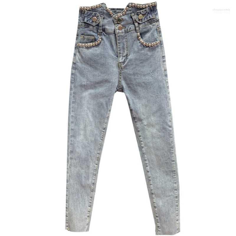

Women' Jeans Women' 2022 Spring Fashion High-waist Beaded Women Cropped Skinny Pencil, Blue