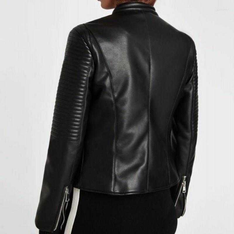 

Women's Leather Spring Womens Jacket Fashion Solid Faux PU Biker Female Black Slim Fit Pocket Zipper Short Coat -L