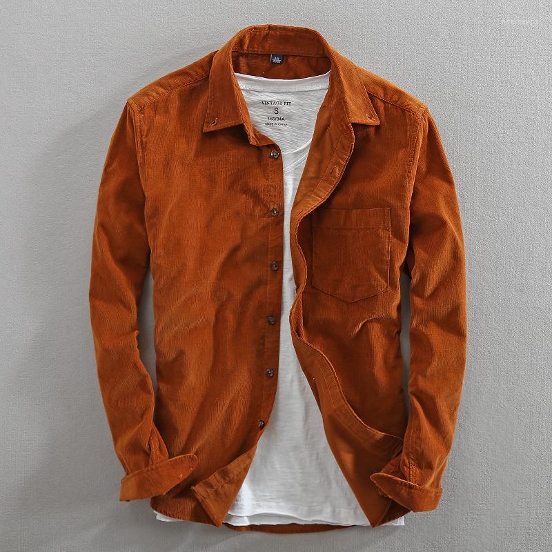 

Men's Casual Shirts Men's Men Spring And Autumn Fashion Brand Japan Style Vintage Solid Color Corduroy Shirt Male Thin Cotton Long, Brown