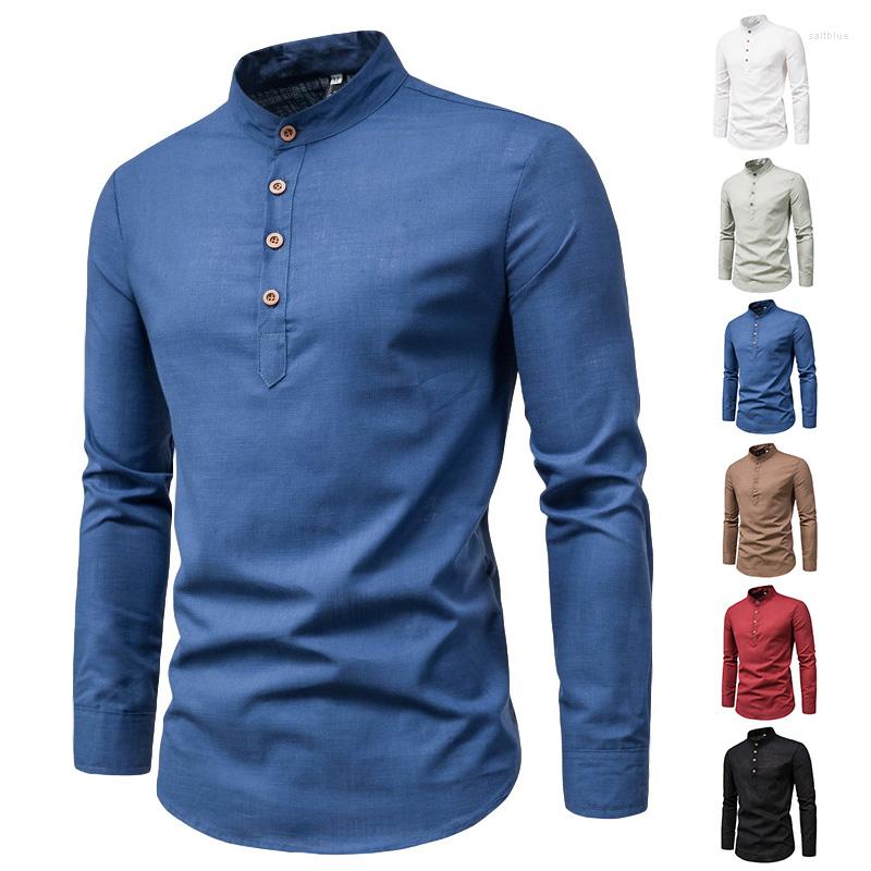 

Men's Casual Shirts 2022 Autumn Mens Long Sleeve Business Shirt Pure Color Stand Collar Cotton And Linen Dress Formal -5XL, Black