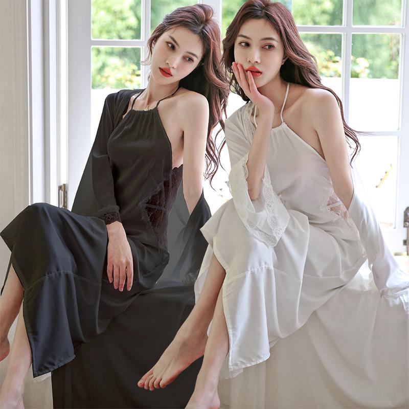 

Women's Sleepwear 2022 Summer 2PCS Sexy Lace Lingerie Long Dress Silk Satin Nightgowns Robes Sets Women Bathrobes Nightdress Night, Black